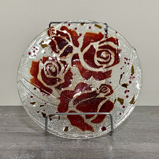 Studio Art Deco Glass Round Plate Bowl Dish Abstract Floral Rose Red Clear Rare