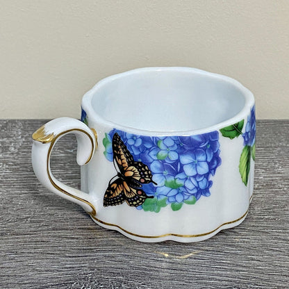 Stackable Tea Cup Coffee Mug Decorative Floral Butterfly Hydrangeas Gold Trim