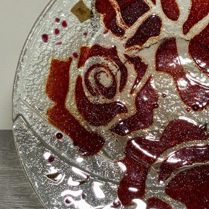 Studio Art Deco Glass Round Plate Bowl Dish Abstract Floral Rose Red Clear Rare