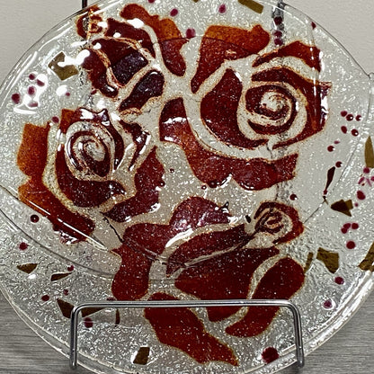 Studio Art Deco Glass Round Plate Bowl Dish Abstract Floral Rose Red Clear Rare