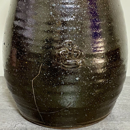 Vintage Large Round Stone Stoneware Pottery Pot Crown Symbol Brown No Lid Rare