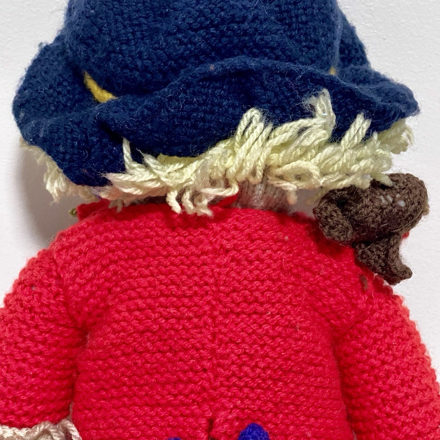 Vintage Hand Knitted Scarecrow Doll Collectible Soft Toy With Bird On Shoulder