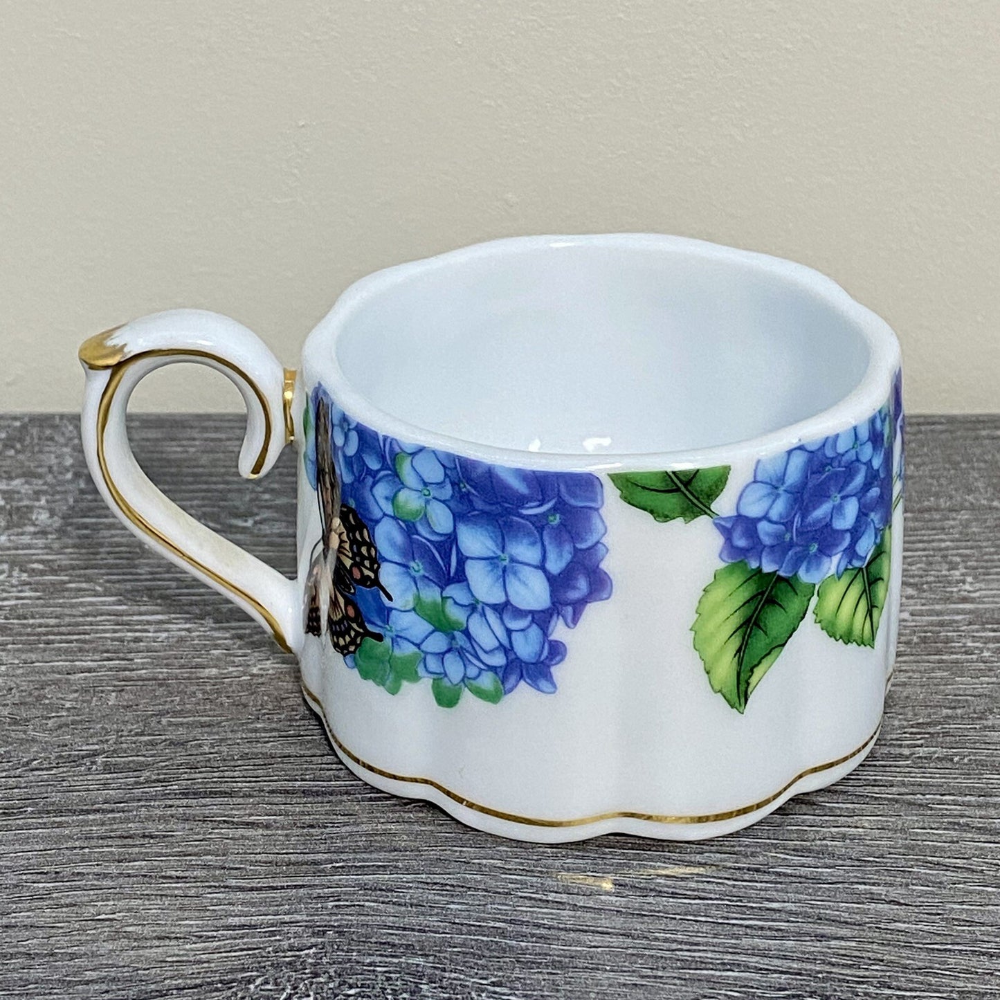Stackable Tea Cup Coffee Mug Decorative Floral Butterfly Hydrangeas Gold Trim