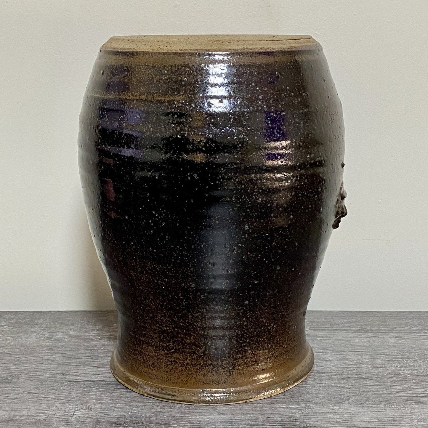 Vintage Large Round Stone Stoneware Pottery Pot Crown Symbol Brown No Lid Rare