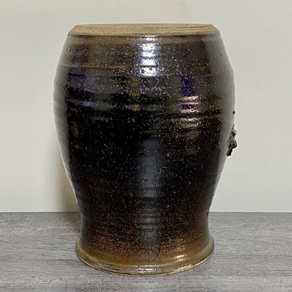 Vintage Large Round Stone Stoneware Pottery Pot Crown Symbol Brown No Lid Rare