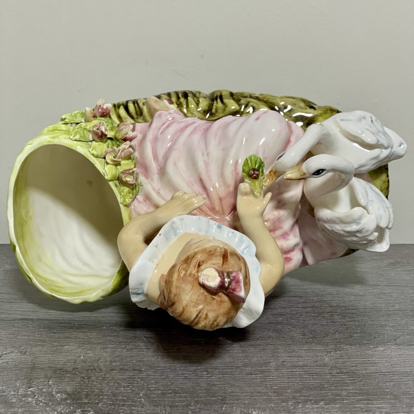 Vintage Arnart Creation Flower Planter Hand Painted Lady Feeding Swan Japan Rare