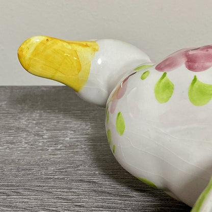 Vintage Floral Duck Bird Figurine Art Deco Pottery Retro Hand Painted 1970s Fig