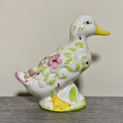 Vintage Floral Duck Bird Figurine Art Deco Pottery Retro Hand Painted 1970s Fig