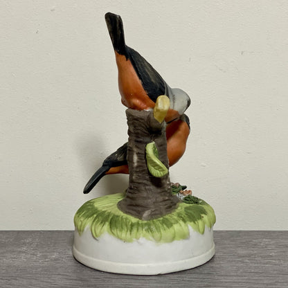 Vintage Bullfinch Birds Figurine On Tree Stump Floral Art Deco Garden Bird Fig