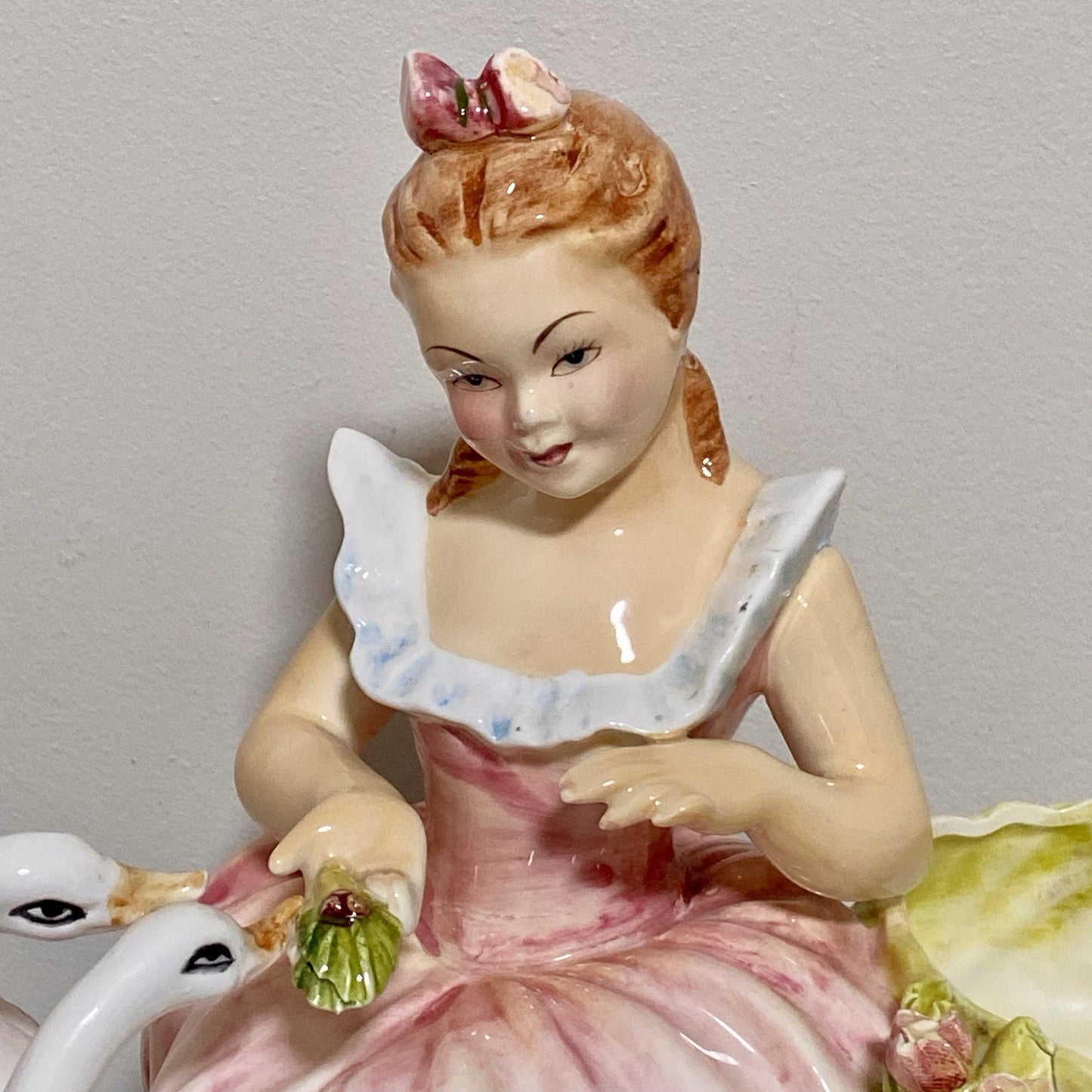 Vintage Arnart Creation Flower Planter Hand Painted Lady Feeding Swan Japan Rare