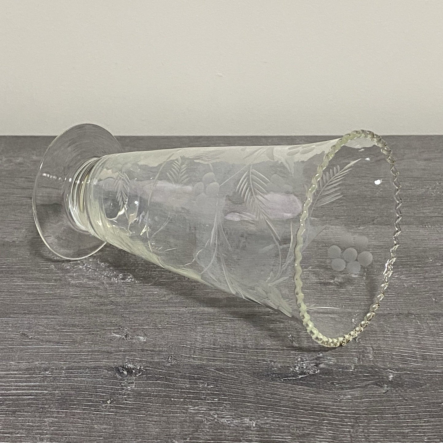 Vintage Crystal Cut Glass Clear Round Floral Art Deco Flared Rimmed Edge Vase