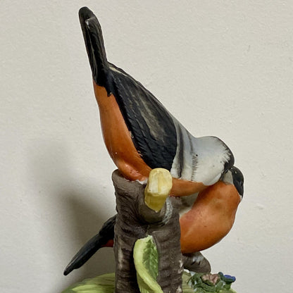 Vintage Bullfinch Birds Figurine On Tree Stump Floral Art Deco Garden Bird Fig