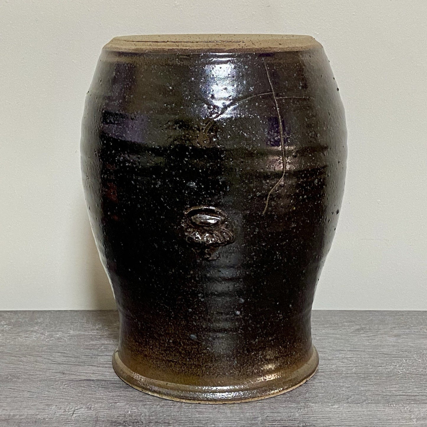 Vintage Large Round Stone Stoneware Pottery Pot Crown Symbol Brown No Lid Rare