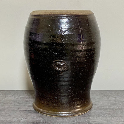 Vintage Large Round Stone Stoneware Pottery Pot Crown Symbol Brown No Lid Rare