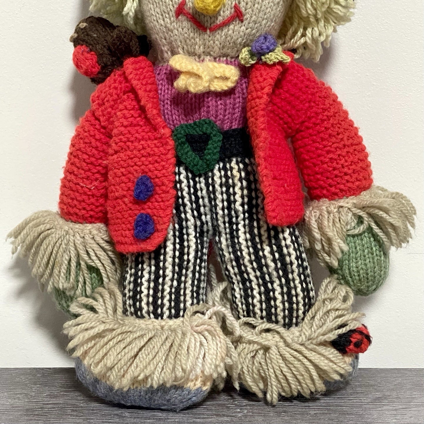 Vintage Hand Knitted Scarecrow Doll Collectible Soft Toy With Bird On Shoulder