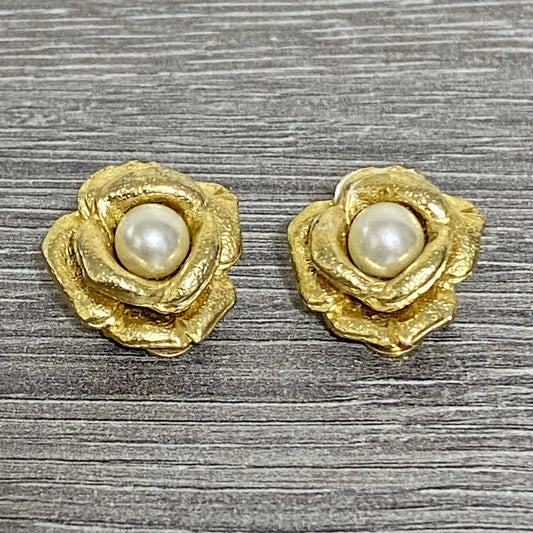 Vintage Gold Tone Clip On Earrings 80s 90s Floral Pearl Ball Jewellery Pair Set