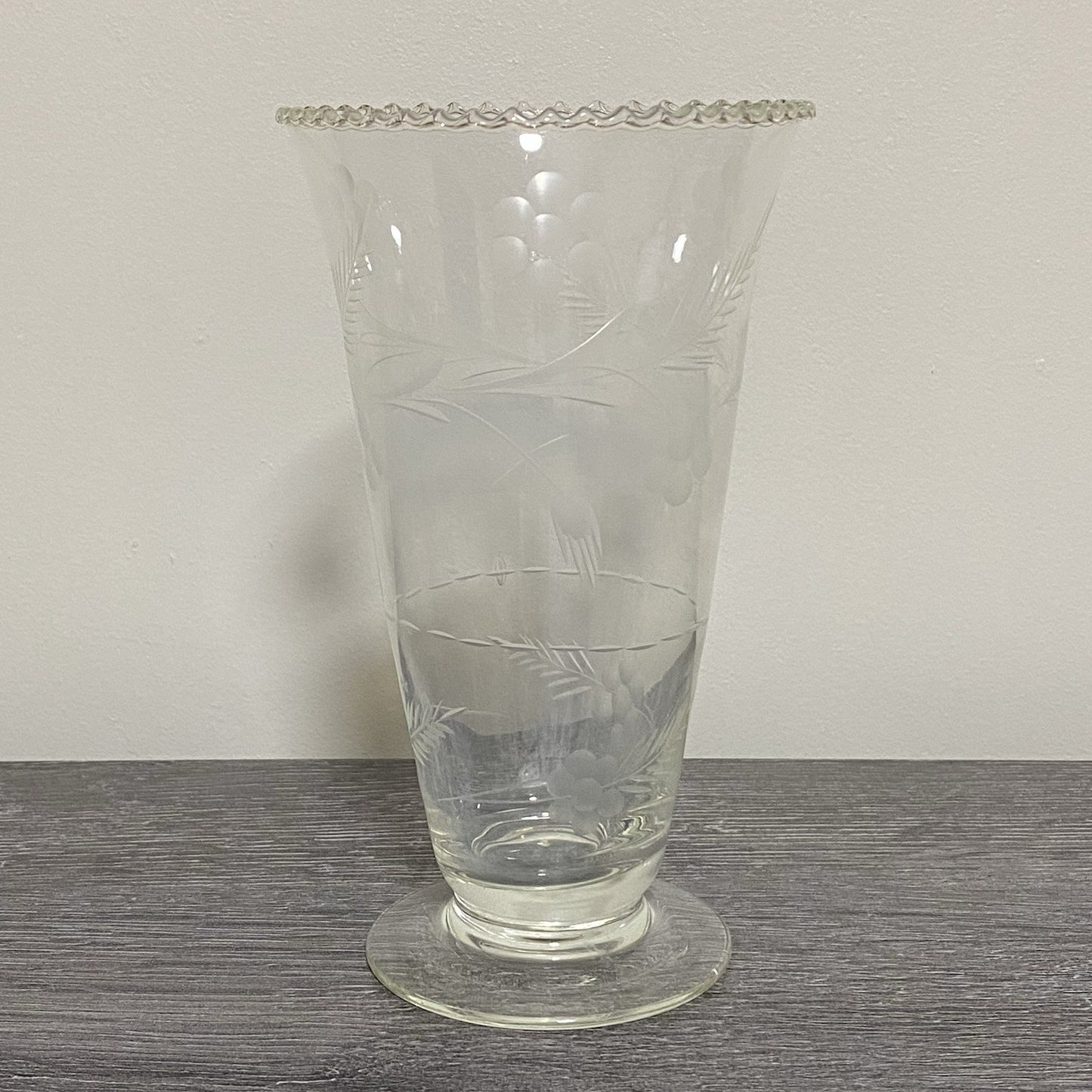 Vintage Crystal Cut Glass Clear Round Floral Art Deco Flared Rimmed Edge Vase