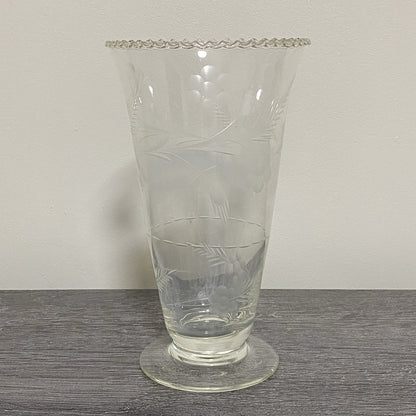 Vintage Crystal Cut Glass Clear Round Floral Art Deco Flared Rimmed Edge Vase