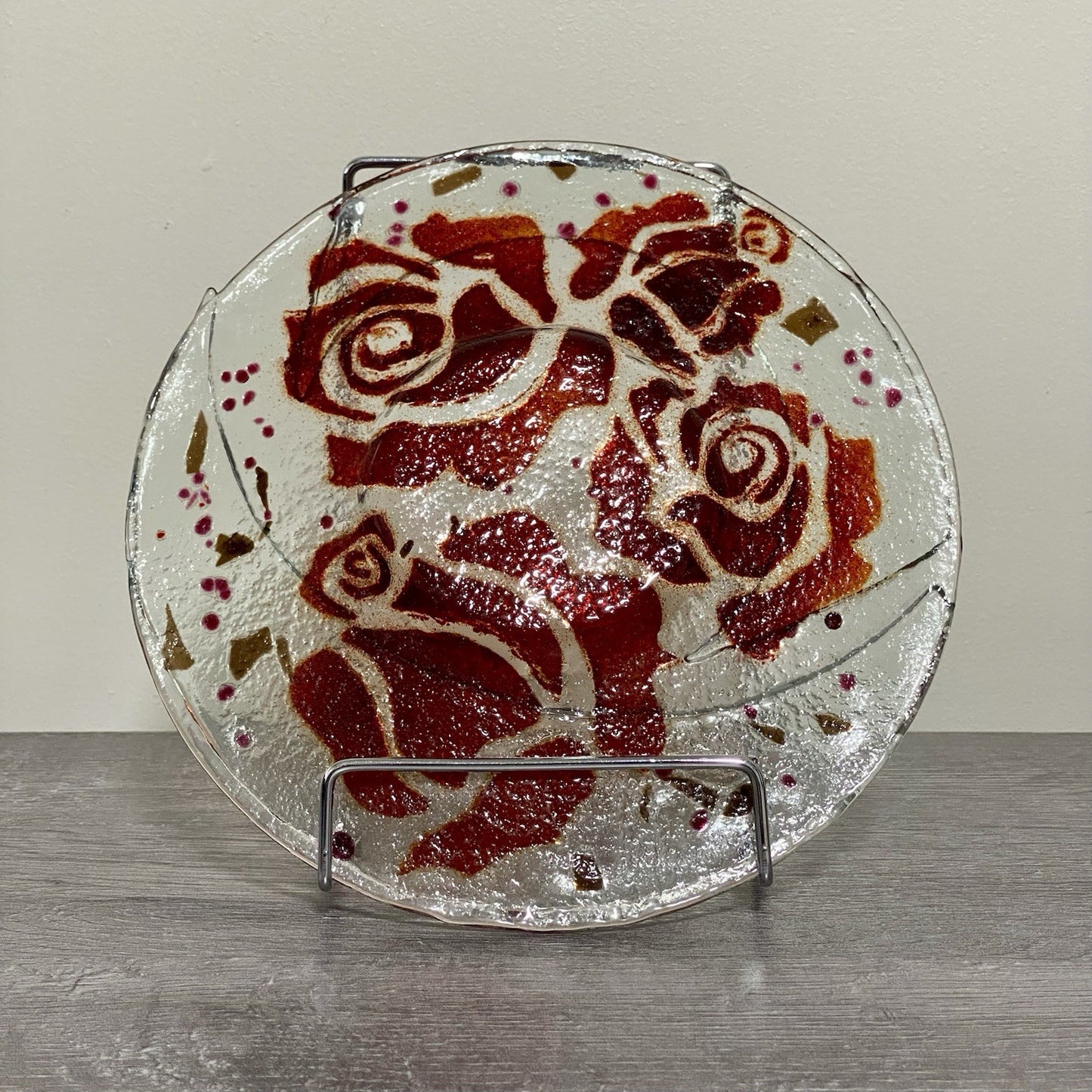 Studio Art Deco Glass Round Plate Bowl Dish Abstract Floral Rose Red Clear Rare