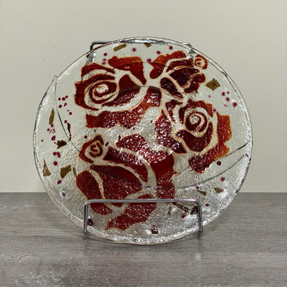 Studio Art Deco Glass Round Plate Bowl Dish Abstract Floral Rose Red Clear Rare