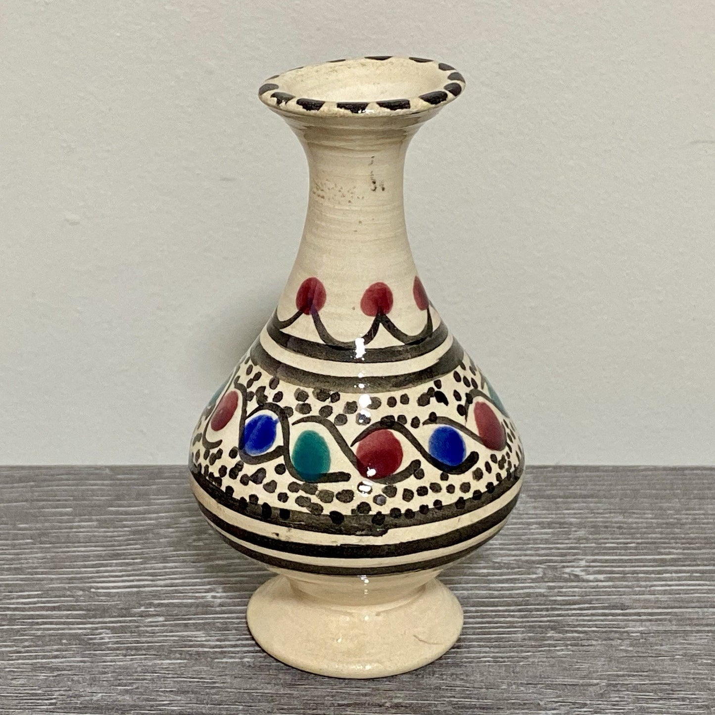 Vintage Laouini Nabeul Tunisie Small Bud Vase Art Deco Patterned Pottery Rare