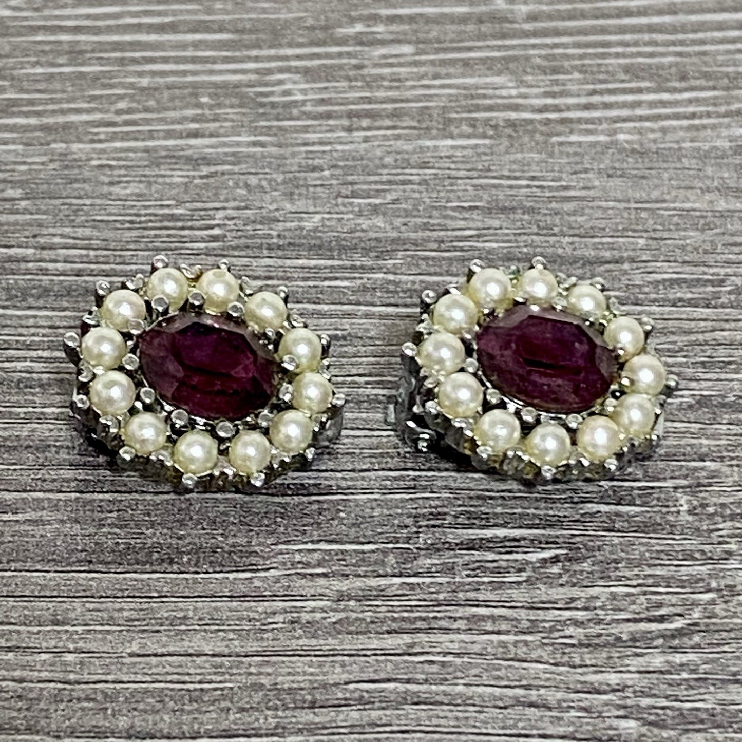 Vintage Clip On Earrings 80s 90s Pearl Ball With Red Ruby Stone Jewellery Pair
