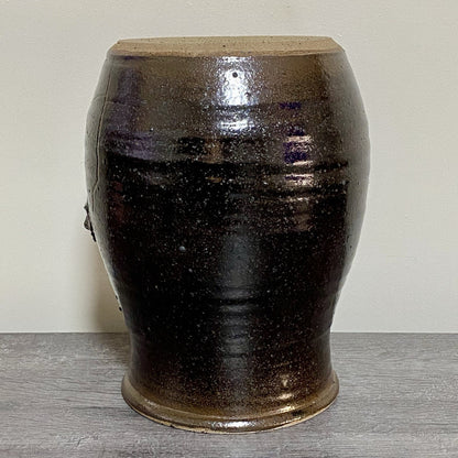Vintage Large Round Stone Stoneware Pottery Pot Crown Symbol Brown No Lid Rare