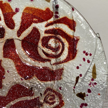 Studio Art Deco Glass Round Plate Bowl Dish Abstract Floral Rose Red Clear Rare