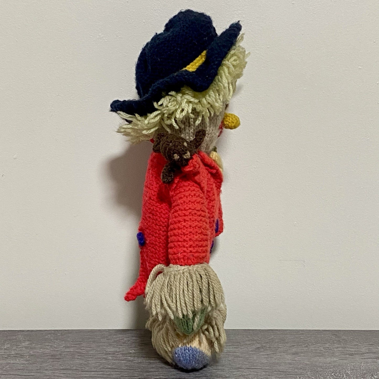 Vintage Hand Knitted Scarecrow Doll Collectible Soft Toy With Bird On Shoulder