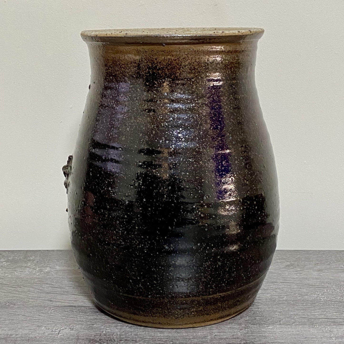 Vintage Large Round Stone Stoneware Pottery Pot Crown Symbol Brown No Lid Rare