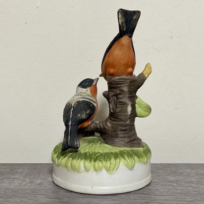 Vintage Bullfinch Birds Figurine On Tree Stump Floral Art Deco Garden Bird Fig