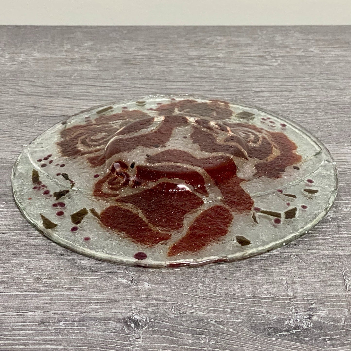 Studio Art Deco Glass Round Plate Bowl Dish Abstract Floral Rose Red Clear Rare