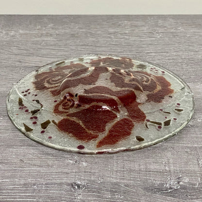 Studio Art Deco Glass Round Plate Bowl Dish Abstract Floral Rose Red Clear Rare