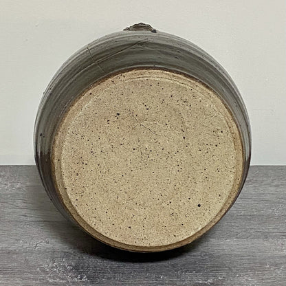 Vintage Large Round Stone Stoneware Pottery Pot Crown Symbol Brown No Lid Rare