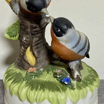 Vintage Bullfinch Birds Figurine On Tree Stump Floral Art Deco Garden Bird Fig
