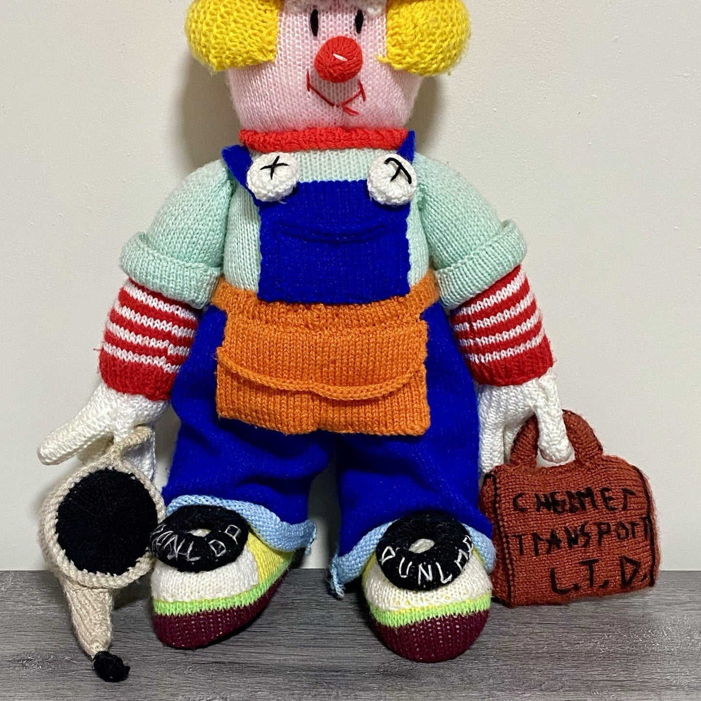Vintage Jean Greenhowe Hand Knitted XXL Large Mechanic Clown Plush Soft Toy Rare
