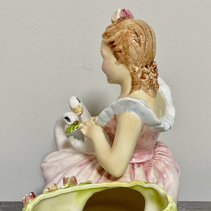 Vintage Arnart Creation Flower Planter Hand Painted Lady Feeding Swan Japan Rare
