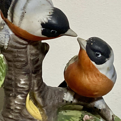 Vintage Bullfinch Birds Figurine On Tree Stump Floral Art Deco Garden Bird Fig