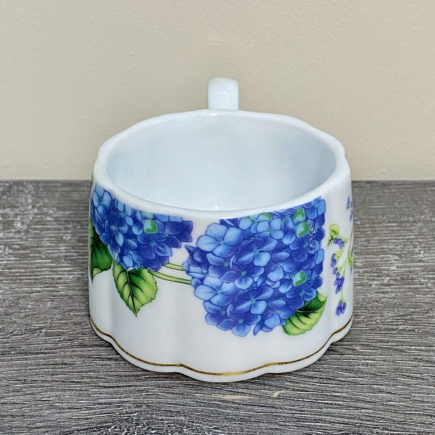 Stackable Tea Cup Coffee Mug Decorative Floral Butterfly Hydrangeas Gold Trim