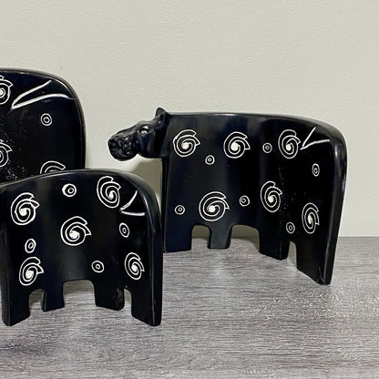 Hippo Sculpture Figurine Art Deco Soapstone 3 Piece Set Handmade Made In Kenya