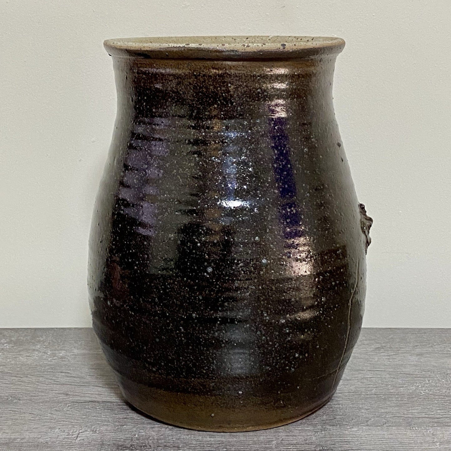 Vintage Large Round Stone Stoneware Pottery Pot Crown Symbol Brown No Lid Rare