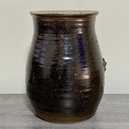 Vintage Large Round Stone Stoneware Pottery Pot Crown Symbol Brown No Lid Rare