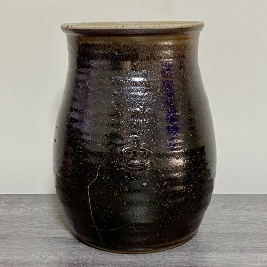 Vintage Large Round Stone Stoneware Pottery Pot Crown Symbol Brown No Lid Rare