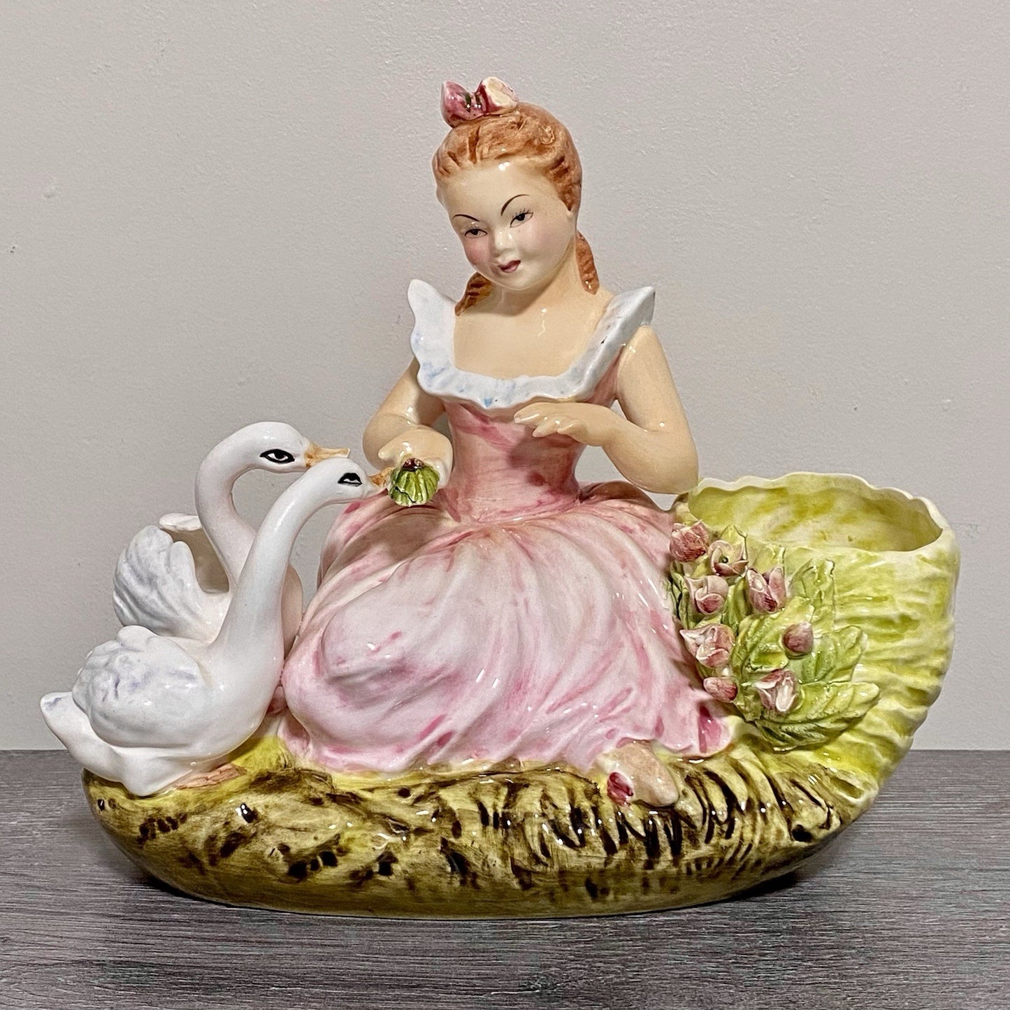 Vintage Arnart Creation Flower Planter Hand Painted Lady Feeding Swan Japan Rare