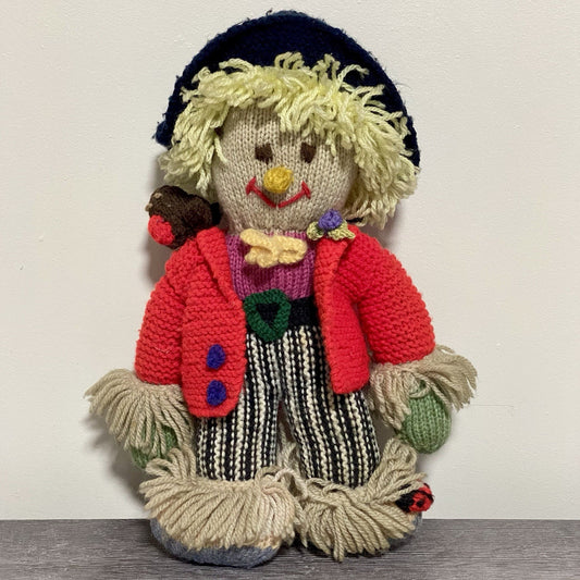 Vintage Hand Knitted Scarecrow Doll Collectible Soft Toy With Bird On Shoulder