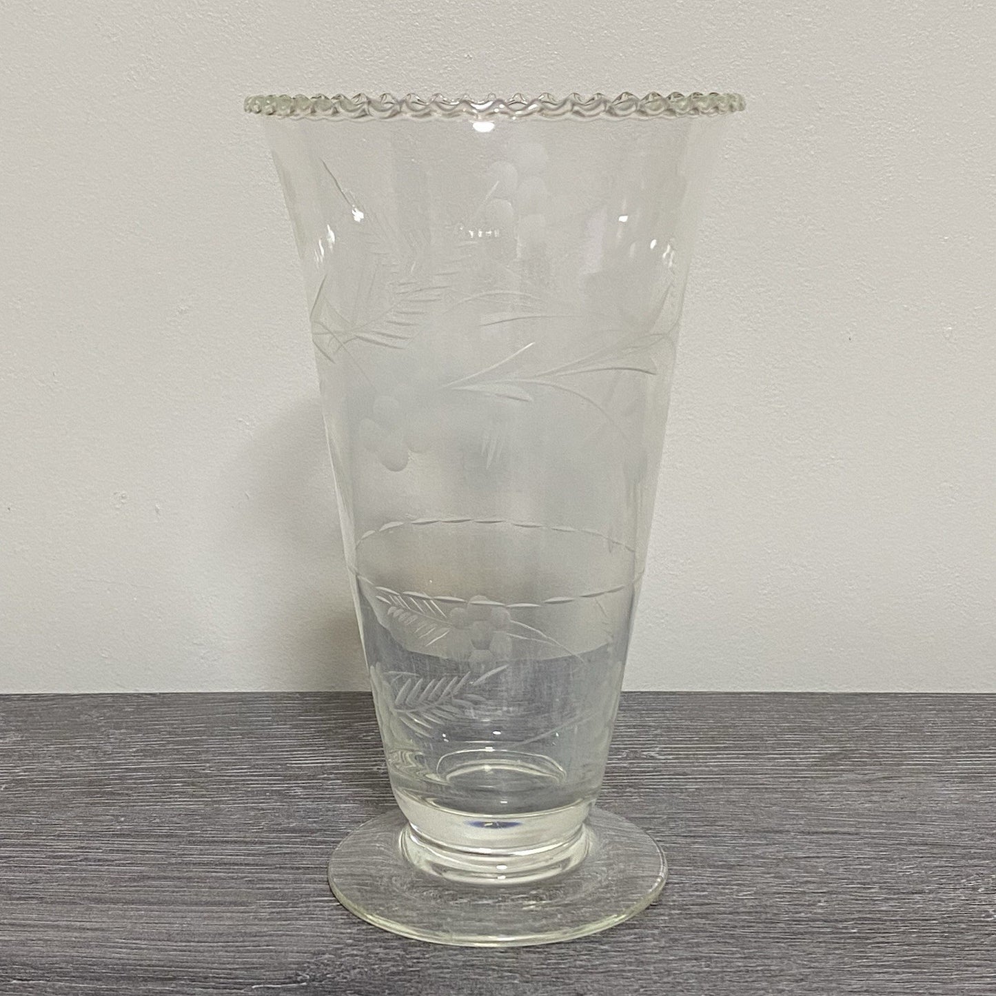 Vintage Crystal Cut Glass Clear Round Floral Art Deco Flared Rimmed Edge Vase