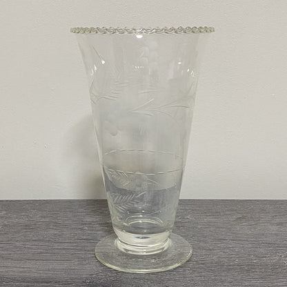 Vintage Crystal Cut Glass Clear Round Floral Art Deco Flared Rimmed Edge Vase