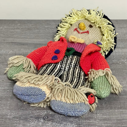 Vintage Hand Knitted Scarecrow Doll Collectible Soft Toy With Bird On Shoulder