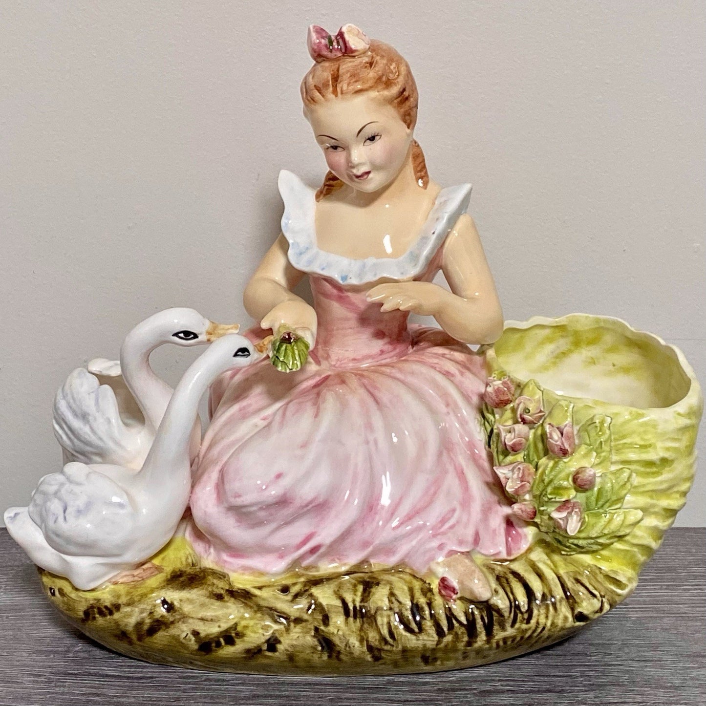 Vintage Arnart Creation Flower Planter Hand Painted Lady Feeding Swan Japan Rare