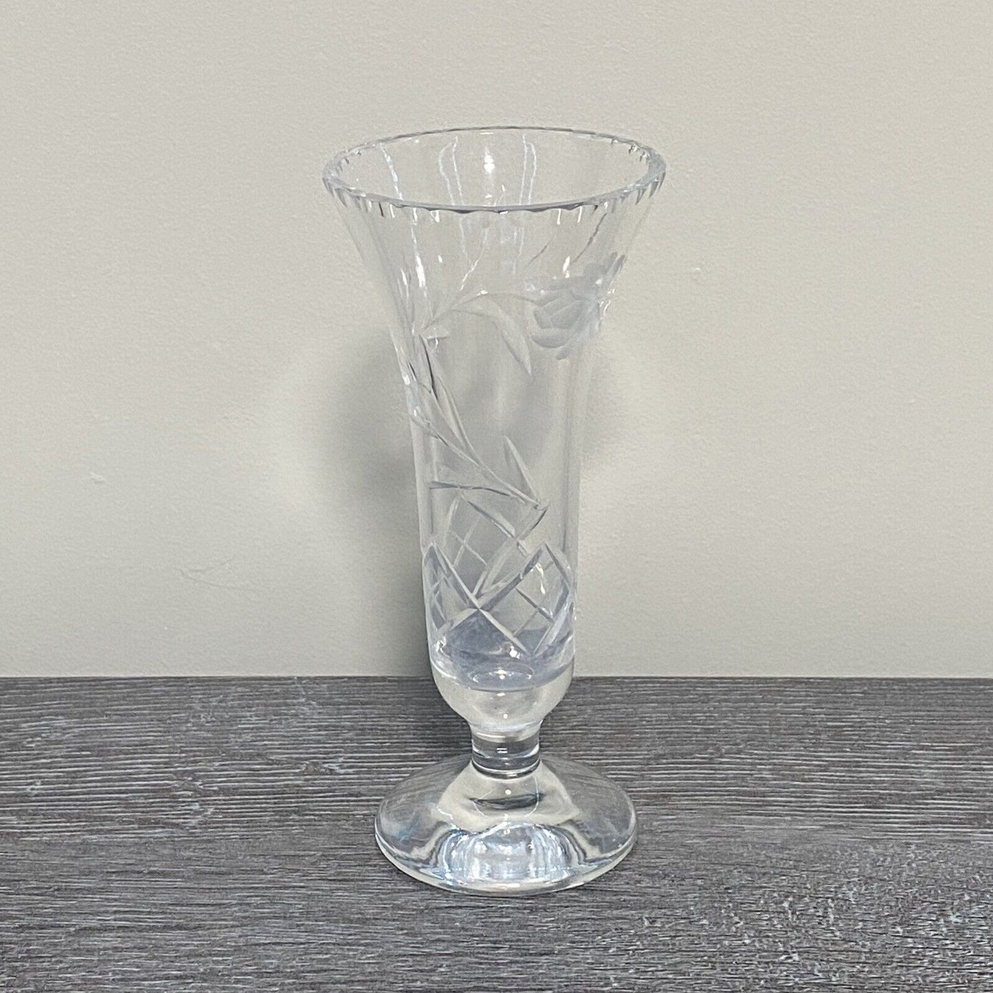 Vintage Crystal Cut Glass Clear Round Floral Art Deco Flared Fluted Flower Vase